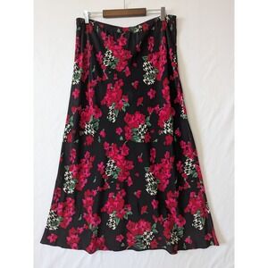 Carole Little Black Red Floral Midi Skirt Size 10 Womens 100% Silk Romantic New